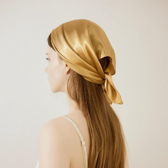 Versatile 23” Satin Scarf for Women - Elegant Gold Square Design for Daily Wear - Picture 5 of 6